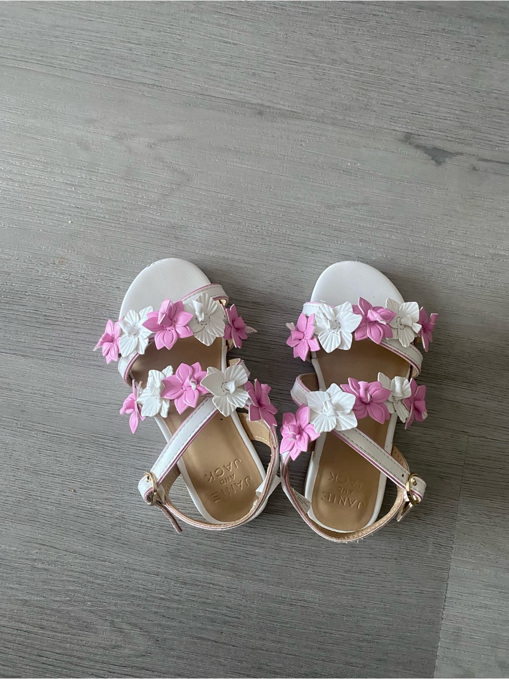 Janie and Jack White Sandals with Pink & White Flower Appliqués